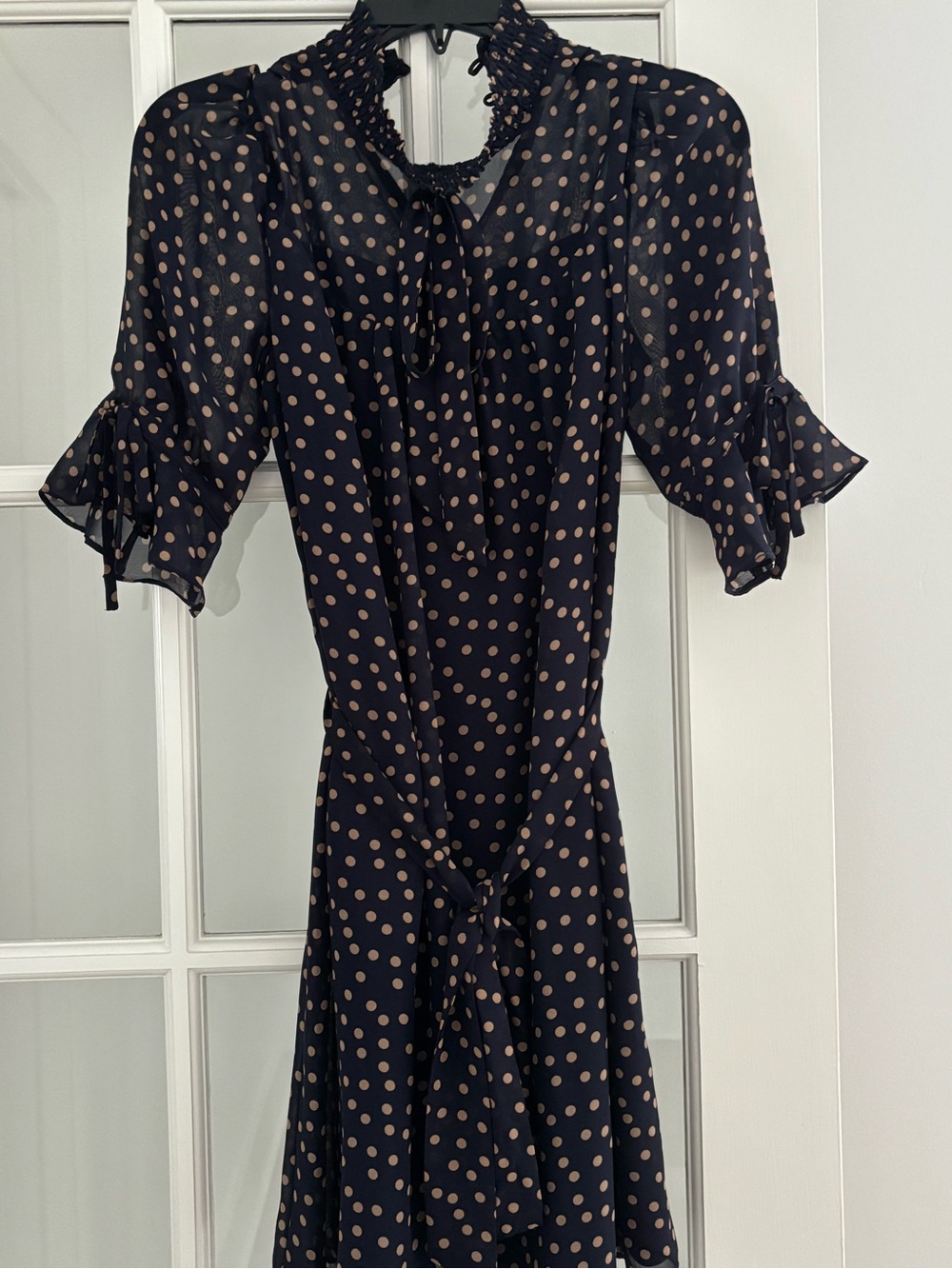 Avec Les Filles Navy and Beige Polka Dot Tie-Neck Mini Dress